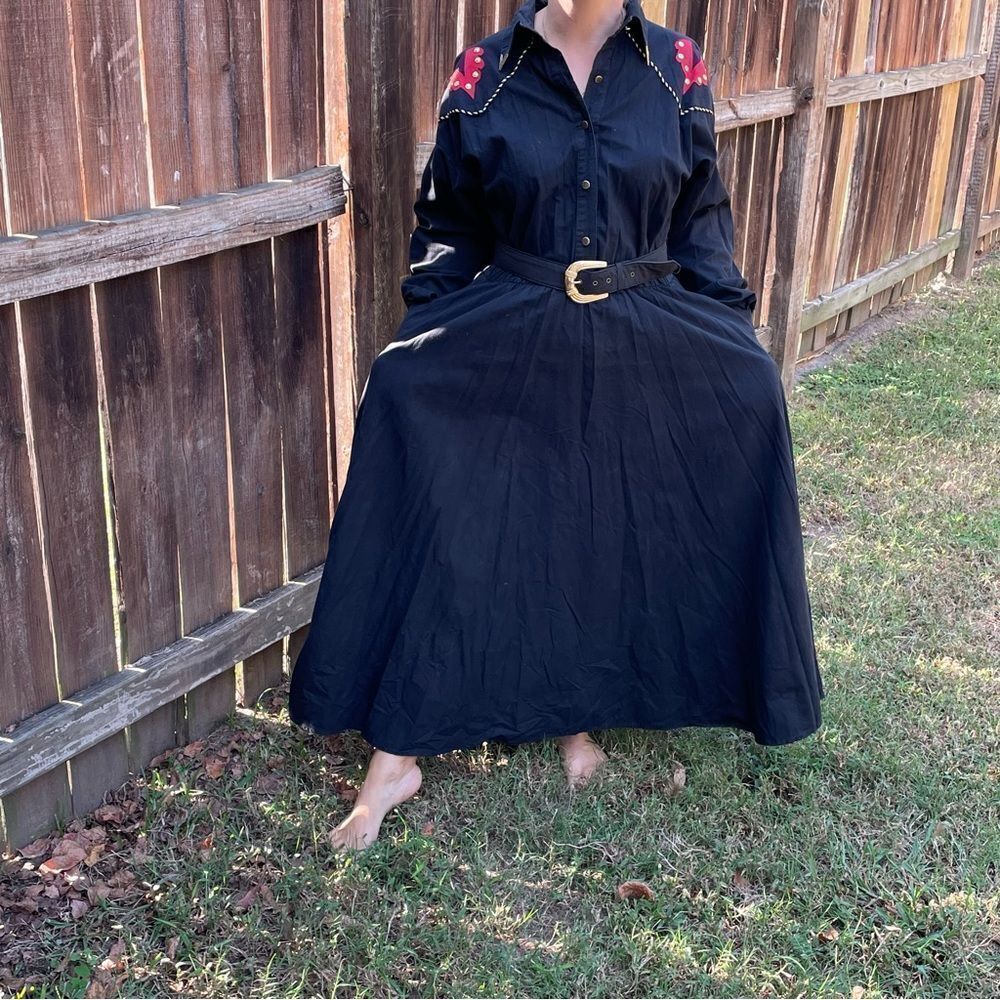 Vtg 80s/90s Lillia Smitty‎ black western dress with red & gold detailing